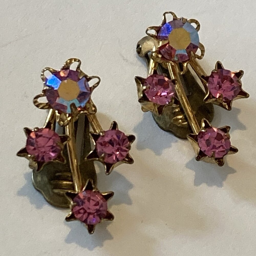 Vtg Pink Crystal Clip Earrings Austria Goldtone Austrian Spray Bridgerton Core